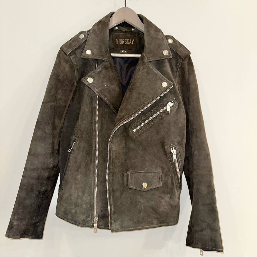 Thursday Boot Company Suede Moto Biker Jacket In Dark Olive Men’s Small